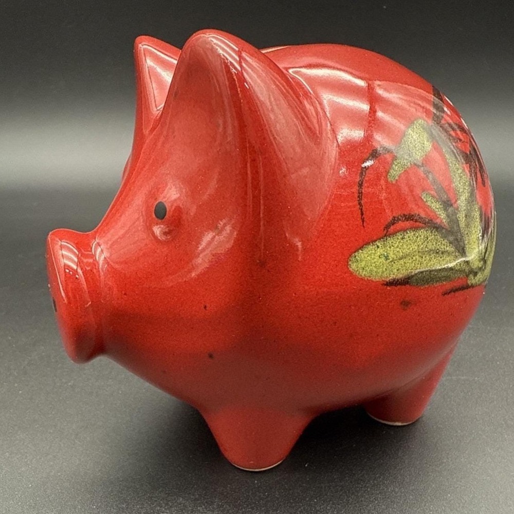 Vtg Stoneware/Ceramic Red Piggy Bank Glazed Pig Mushroom Floral 1979‎ Germany